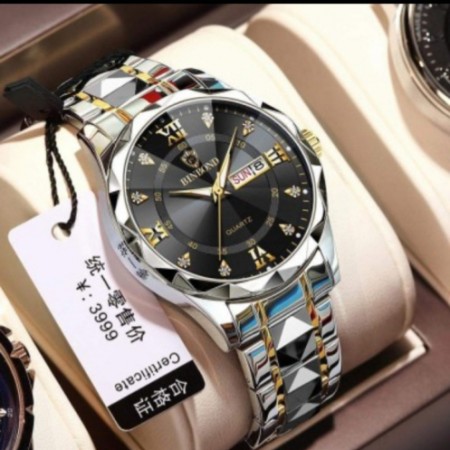 Binbond mens watch night light dual calendar quartz watch diamond ceiling glass Black Dail