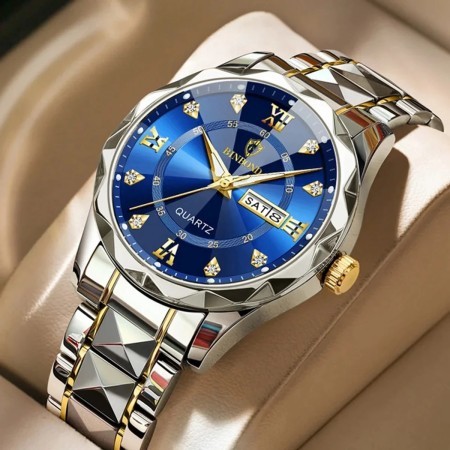 Binbond mens watch night light dual calendar quartz watch diamond ceiling glass Blue Dail